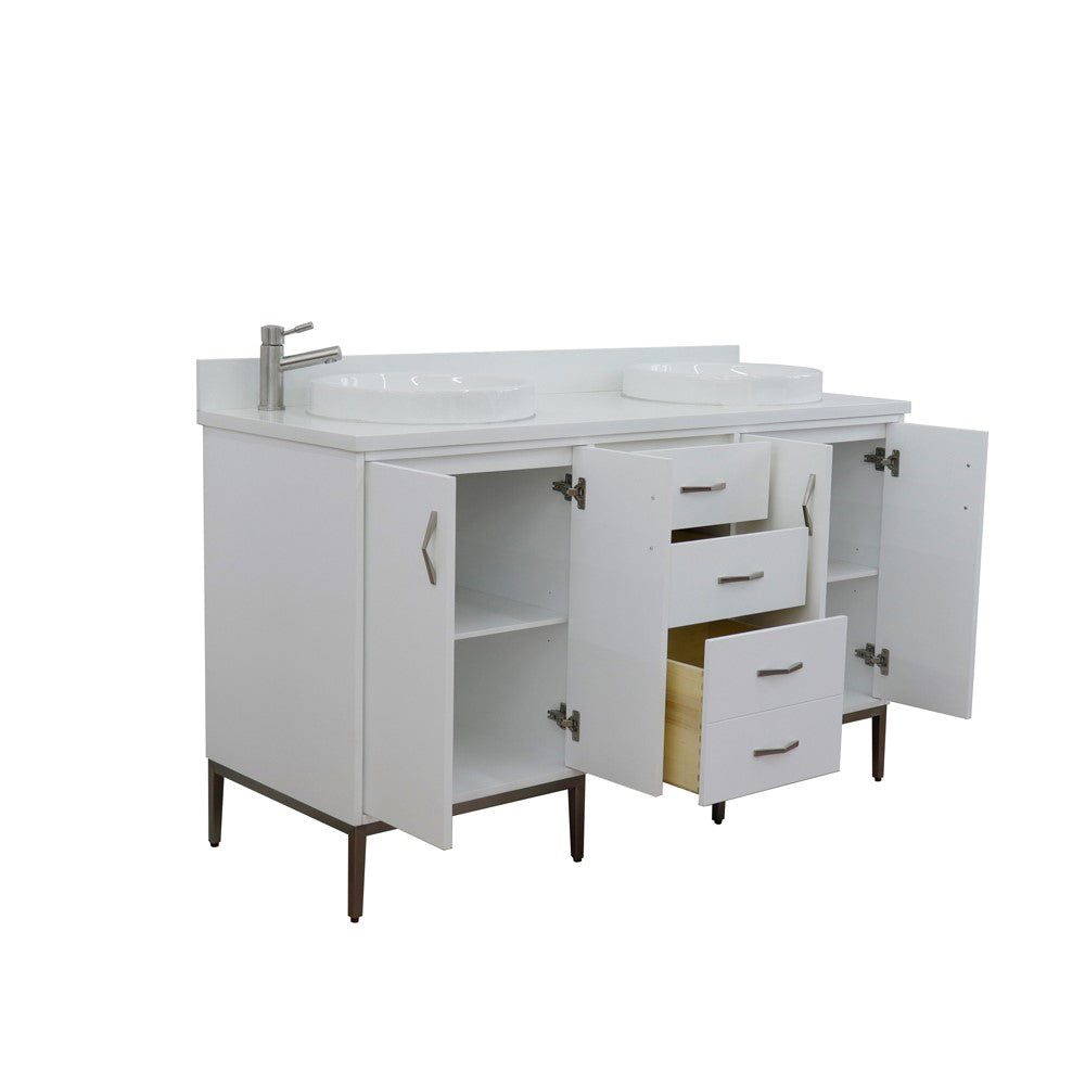 61" Double sink vanity in White finish with White engineered stone and round sink