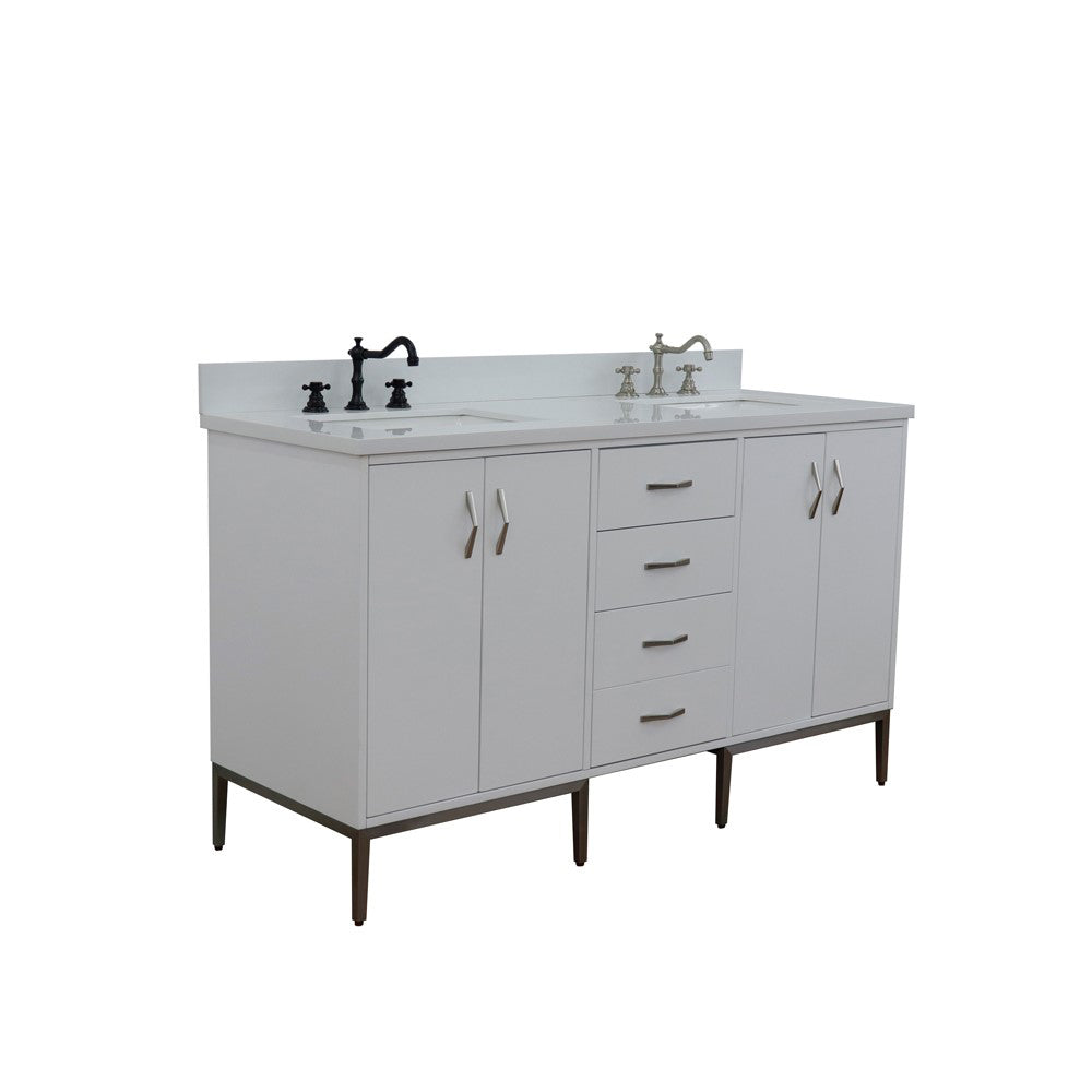 61" Double sink vanity in White finish with White engineered stone and rectangle sink