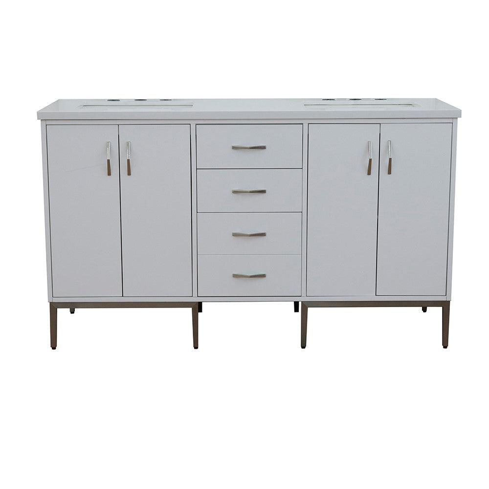 61" Double sink vanity in White finish with White engineered stone and rectangle sink