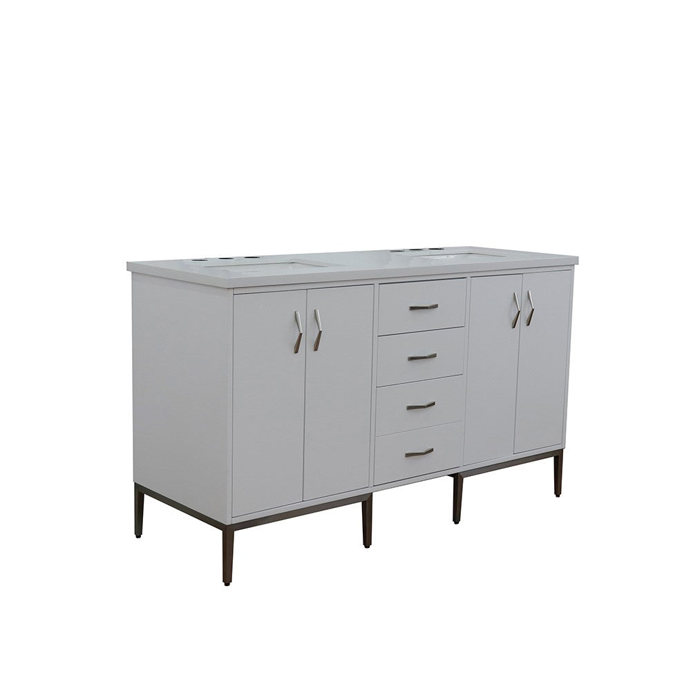 61" Double sink vanity in White finish with White engineered stone and rectangle sink