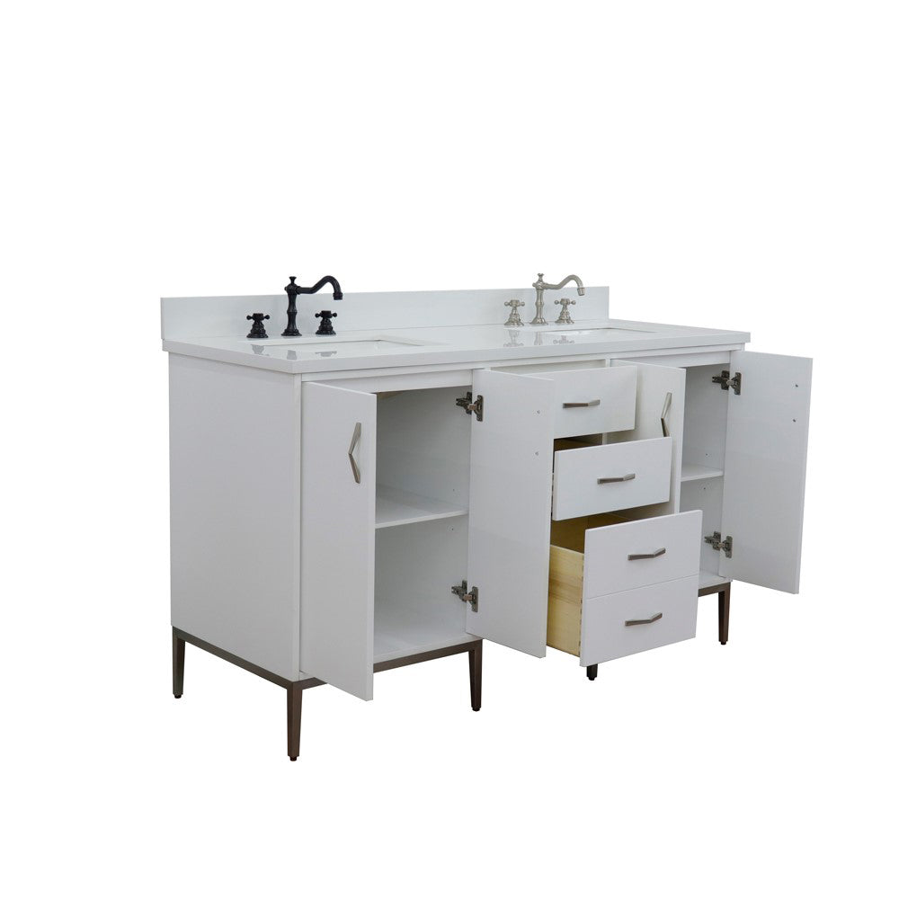 61" Double sink vanity in White finish with White engineered stone and rectangle sink