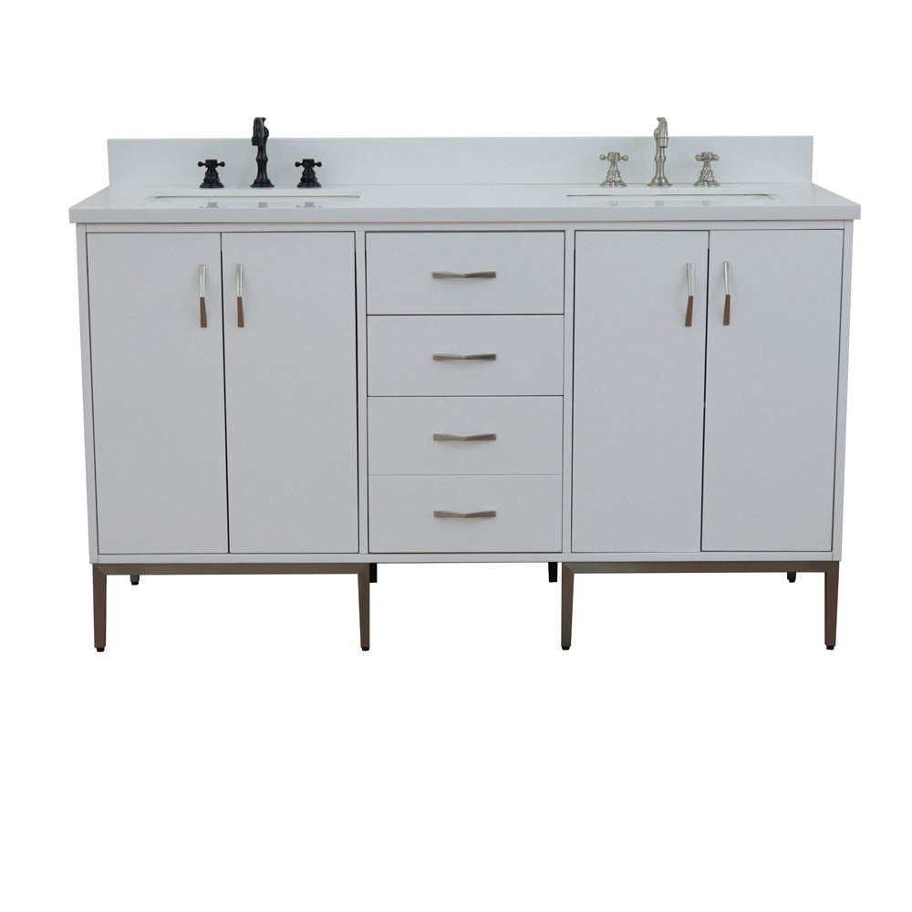 61" Double sink vanity in White finish with White engineered stone and rectangle sink
