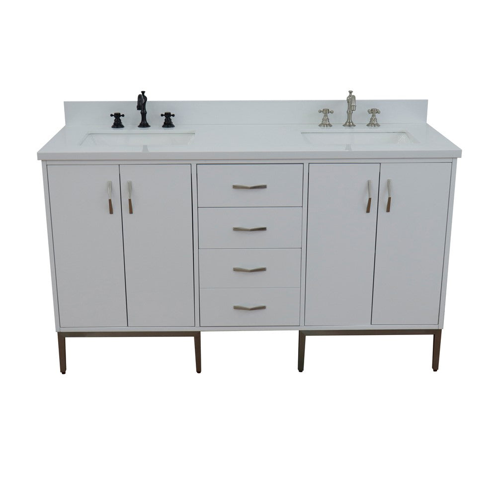 61" Double sink vanity in White finish with White engineered stone and rectangle sink