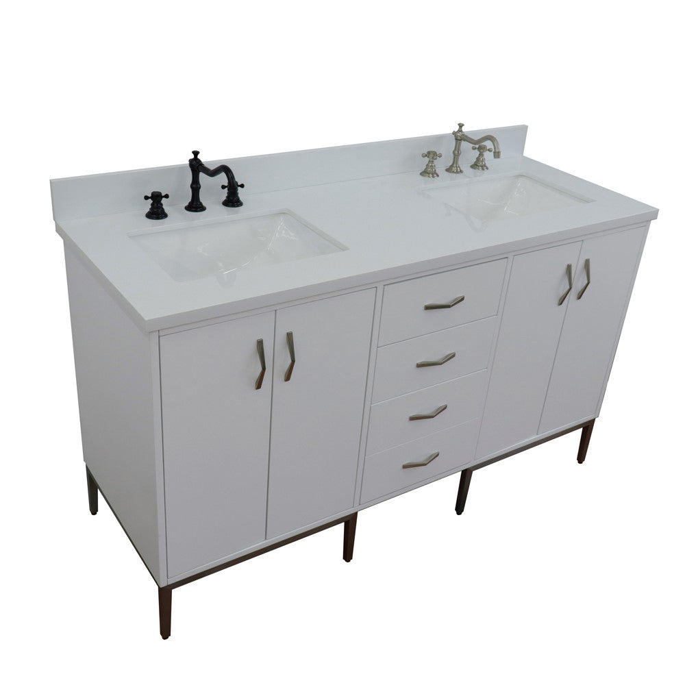 61" Double sink vanity in White finish with White engineered stone and rectangle sink