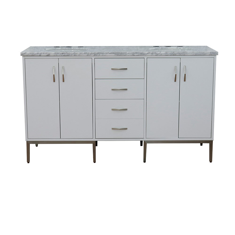 61" Double sink vanity in White finish with White Carrara marble and oval sink