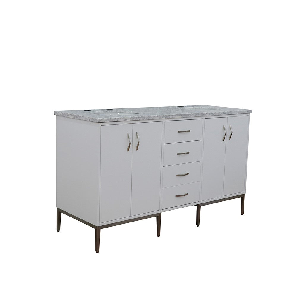 61" Double sink vanity in White finish with White Carrara marble and oval sink