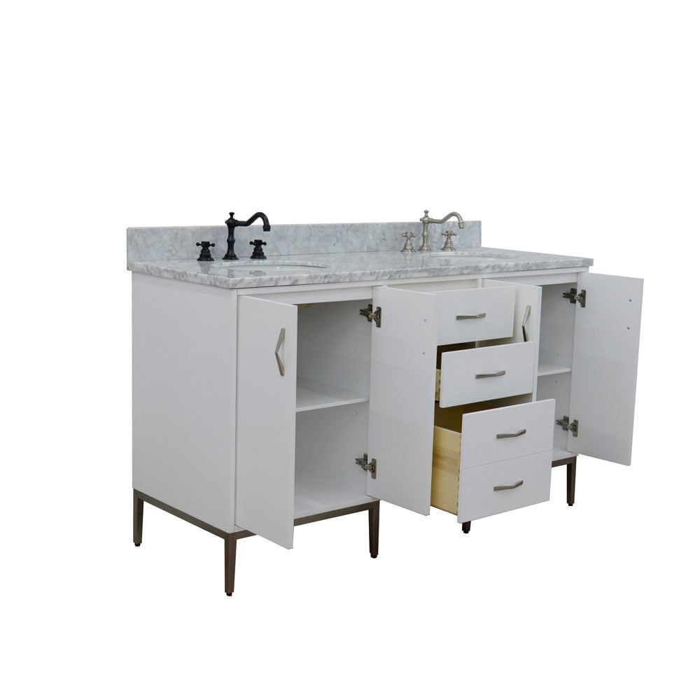 61" Double sink vanity in White finish with White Carrara marble and oval sink