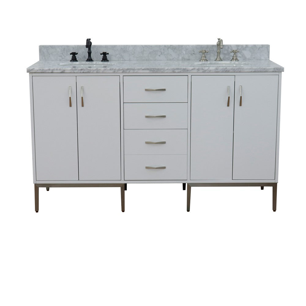 61" Double sink vanity in White finish with White Carrara marble and oval sink
