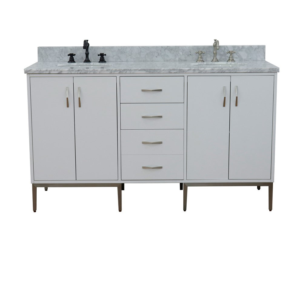 61" Double sink vanity in White finish with White Carrara marble and oval sink