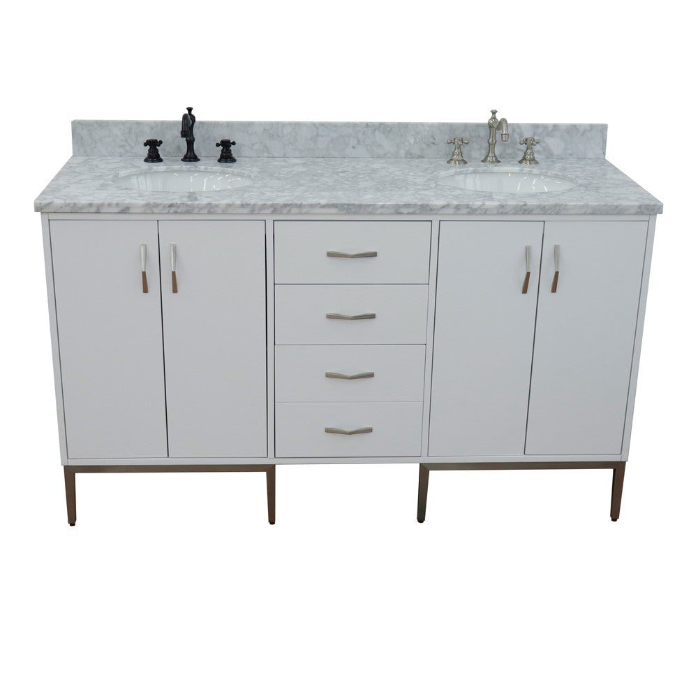 61" Double sink vanity in White finish with White Carrara marble and oval sink