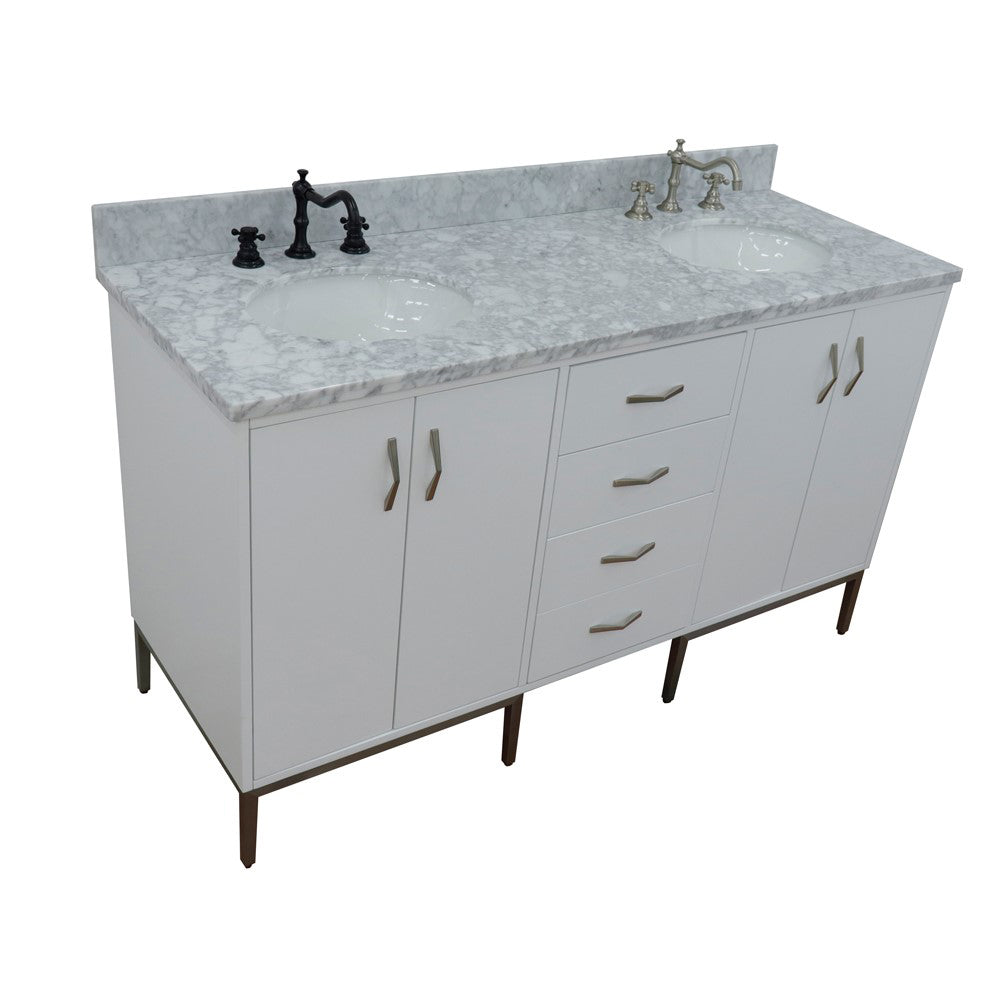 61" Double sink vanity in White finish with White Carrara marble and oval sink