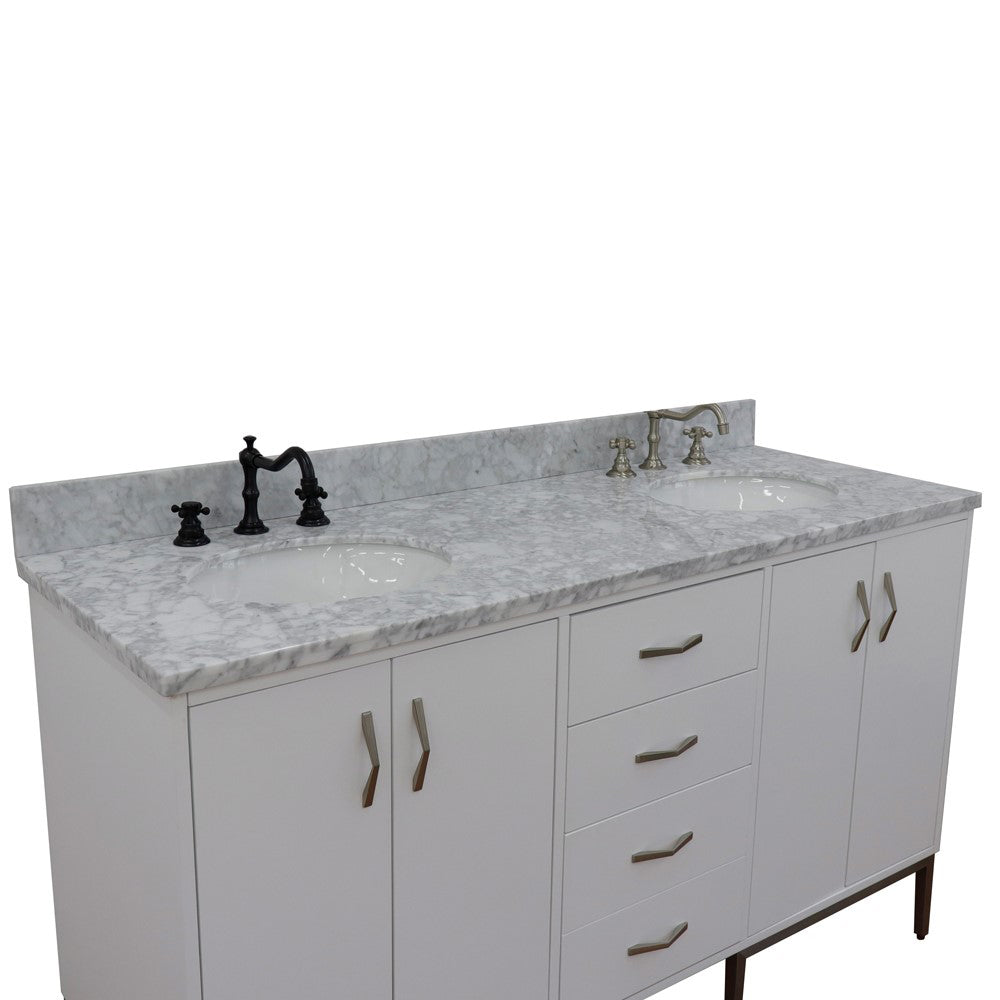 61" Double sink vanity in White finish with White Carrara marble and oval sink