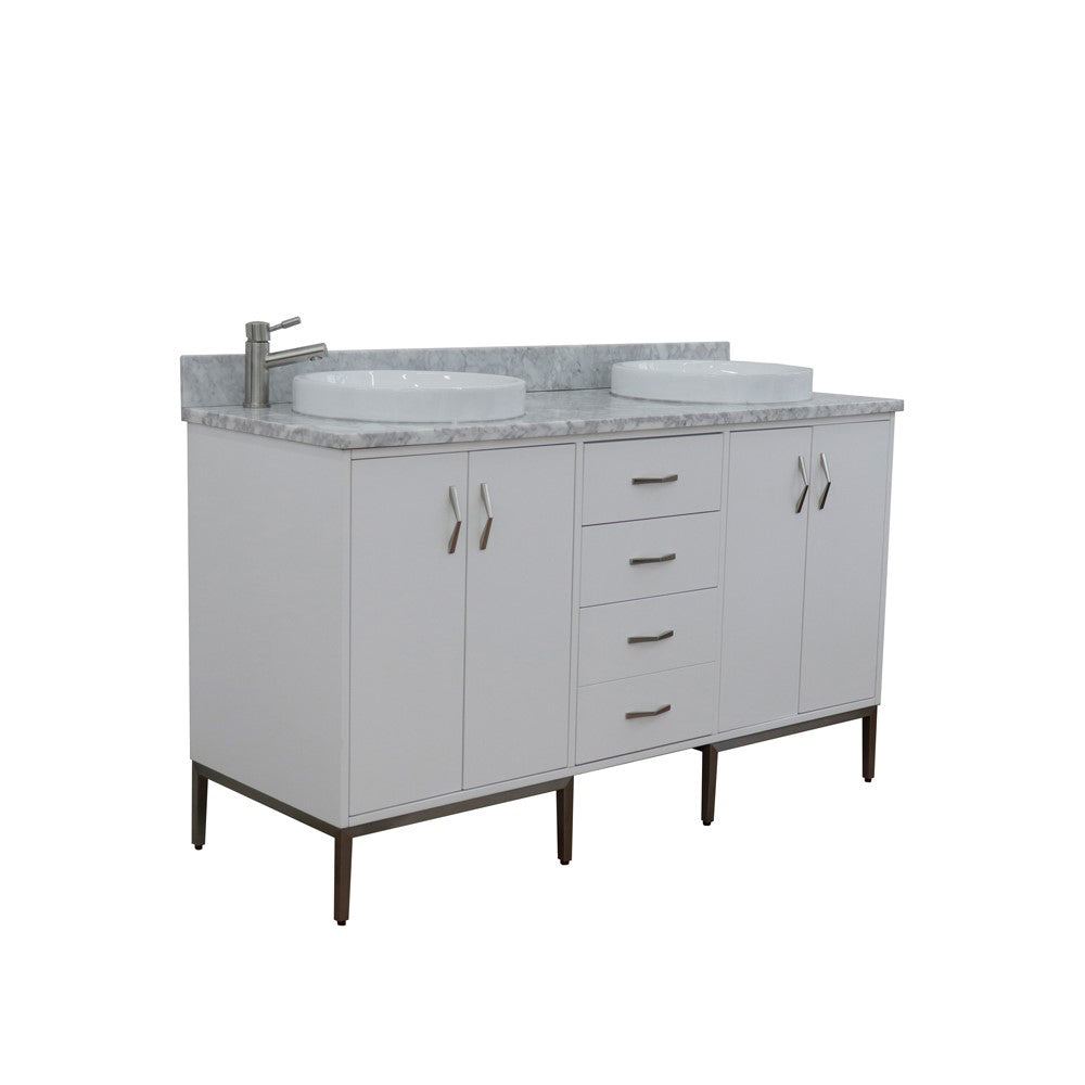 61" Double sink vanity in White finish with White Carrara marble and round sink