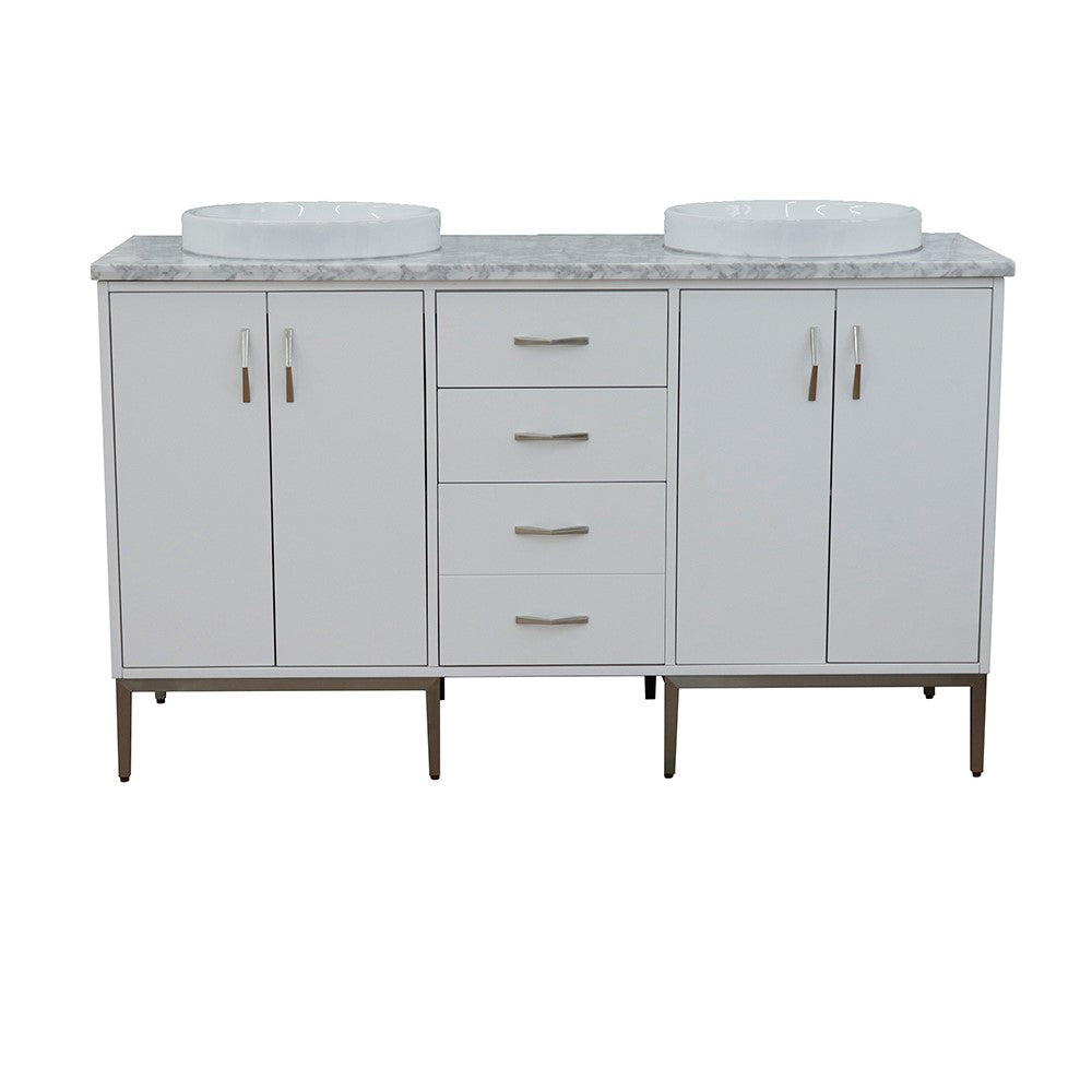 61" Double sink vanity in White finish with White Carrara marble and round sink