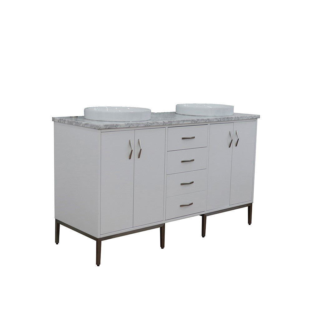 61" Double sink vanity in White finish with White Carrara marble and round sink