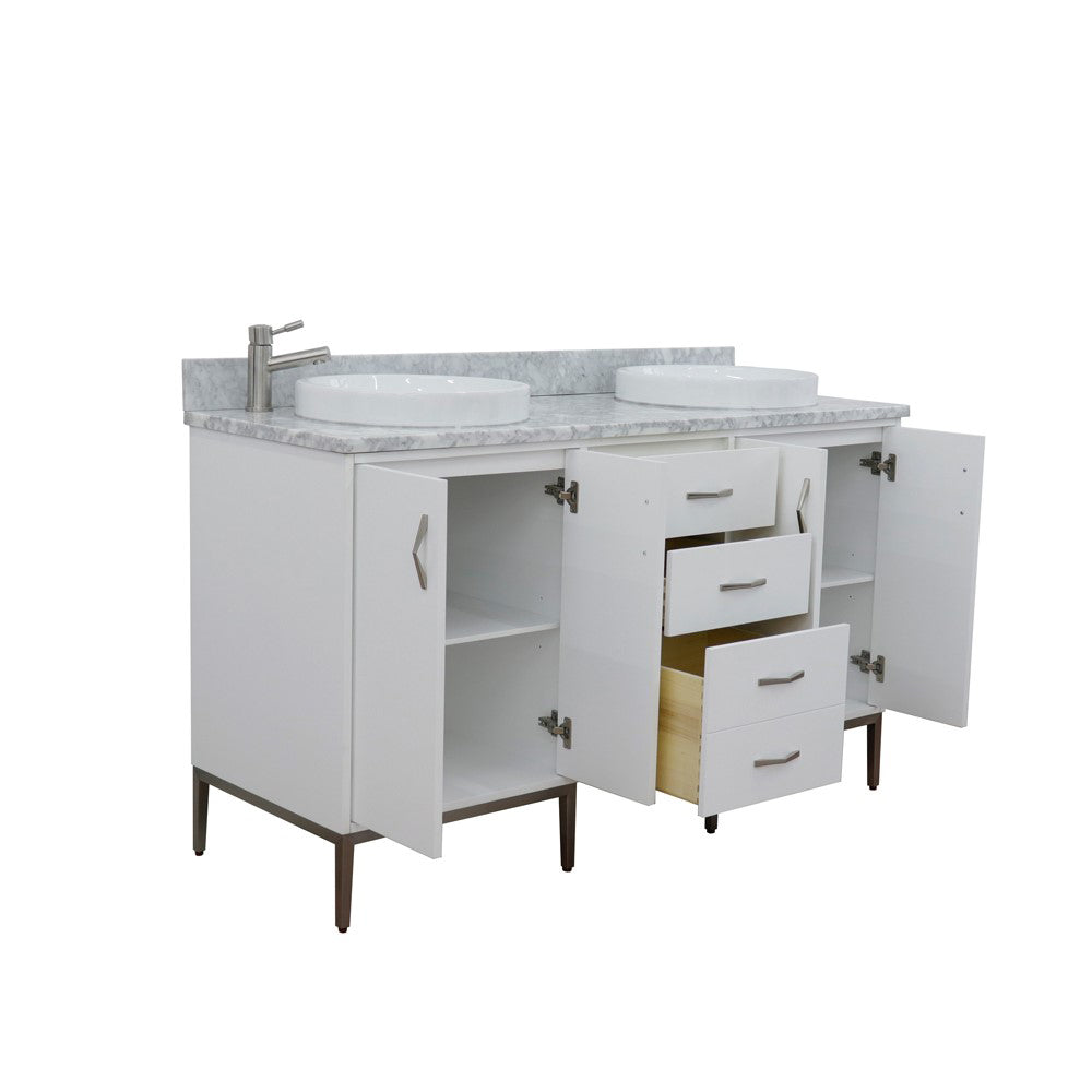 61" Double sink vanity in White finish with White Carrara marble and round sink