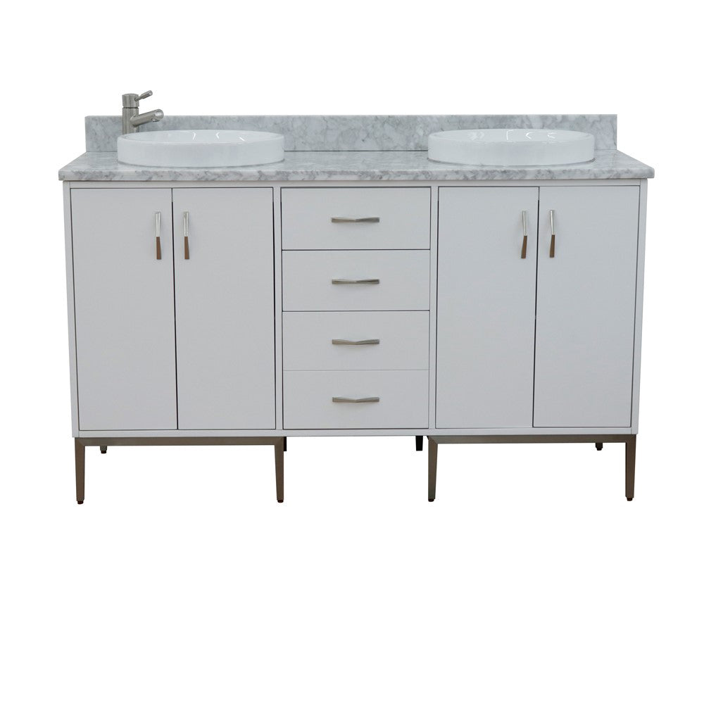61" Double sink vanity in White finish with White Carrara marble and round sink