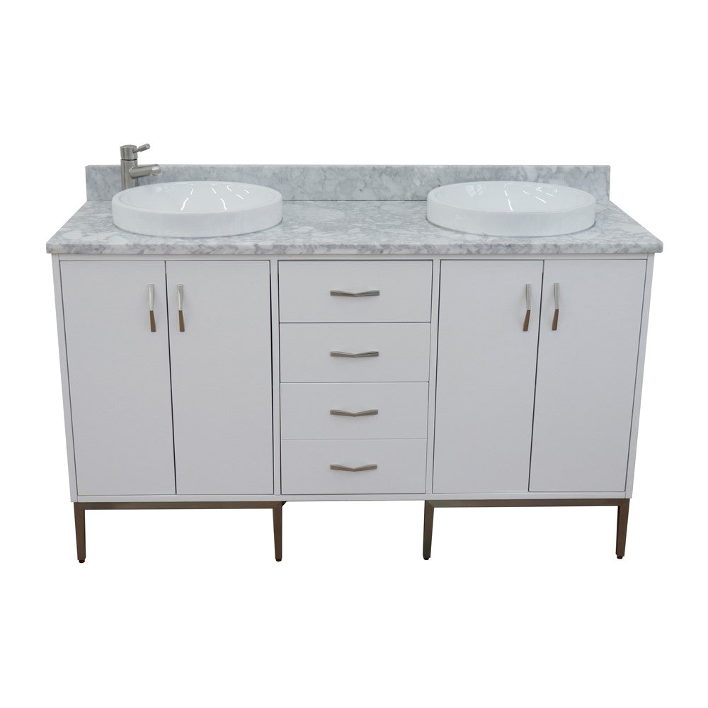 61" Double sink vanity in White finish with White Carrara marble and round sink