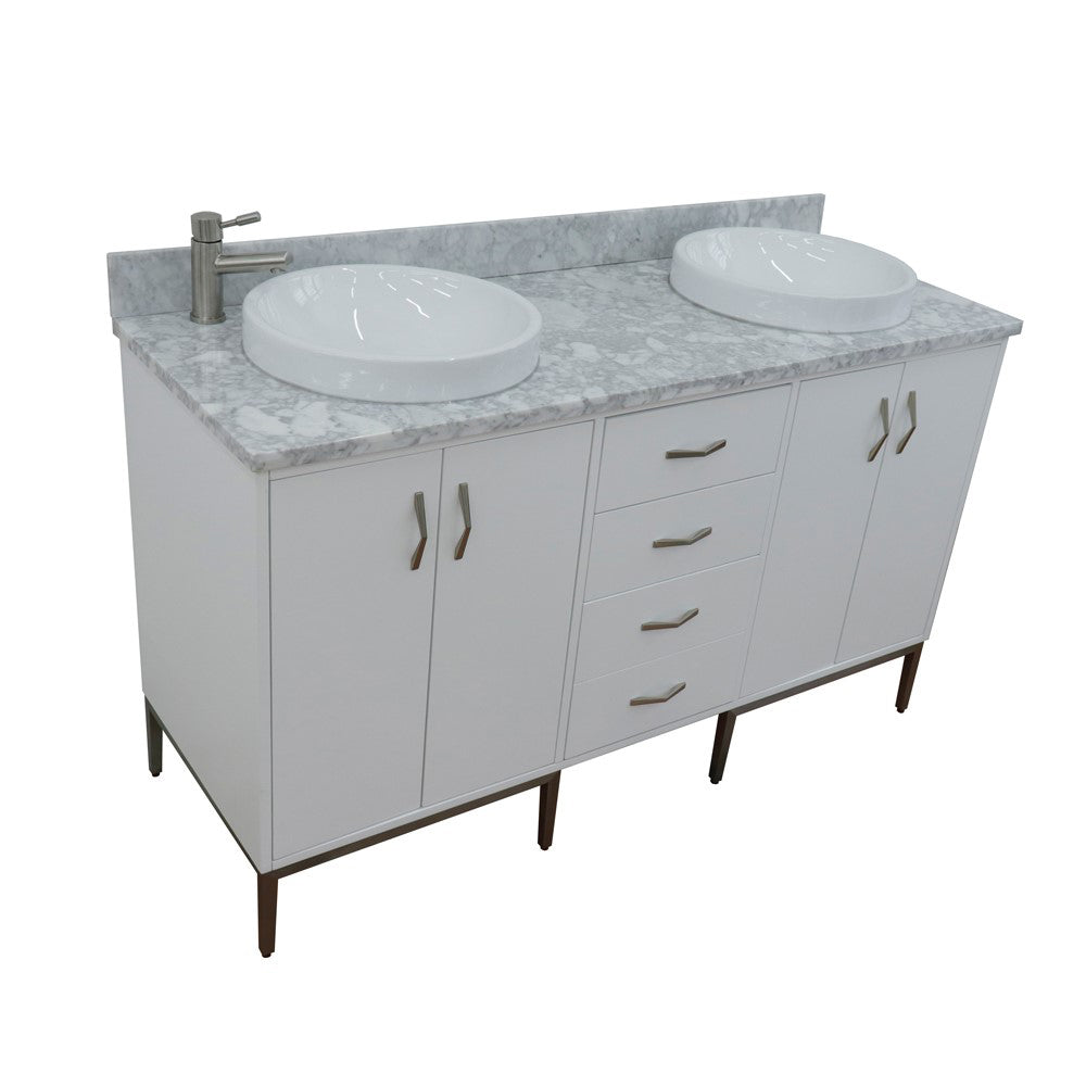 61" Double sink vanity in White finish with White Carrara marble and round sink