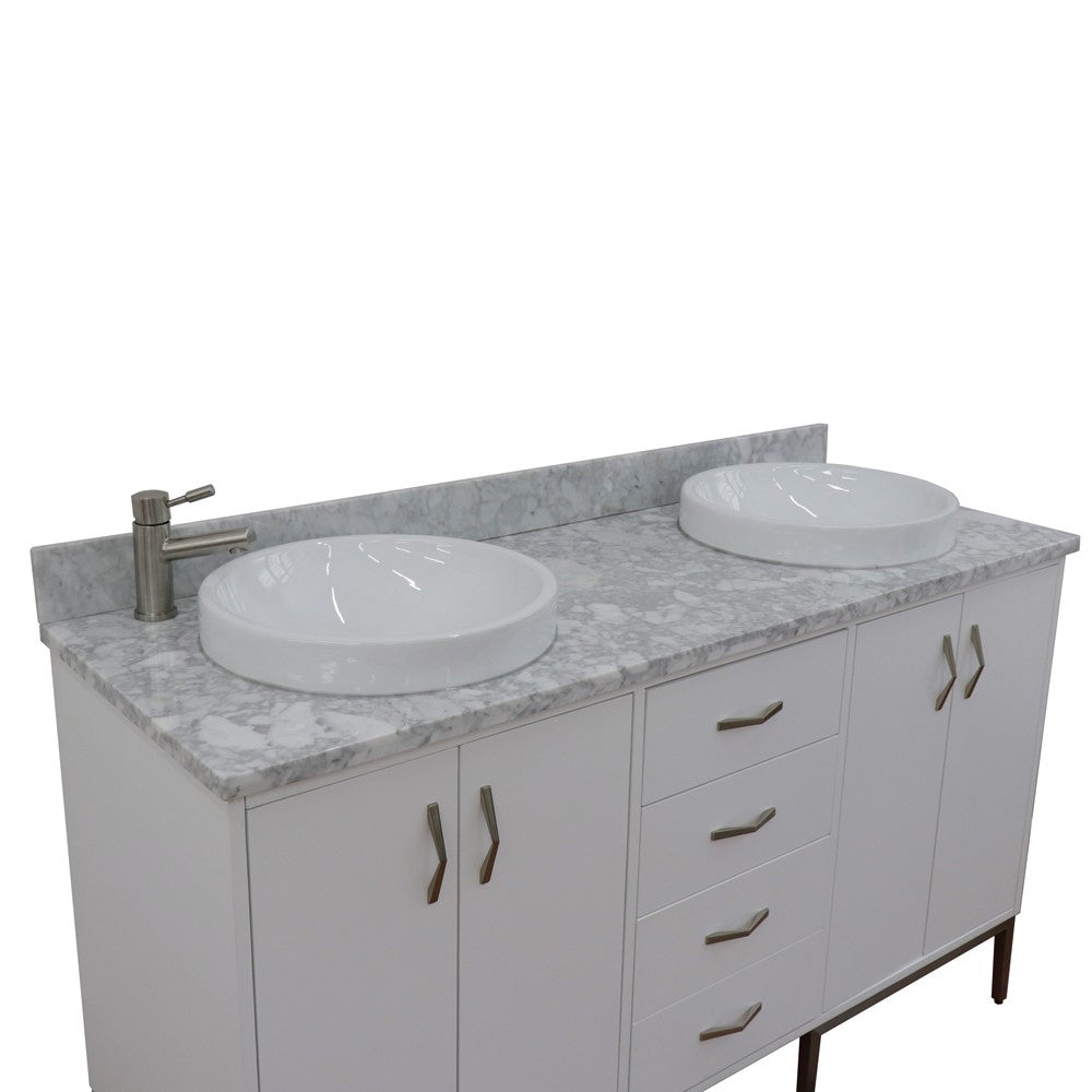 61" Double sink vanity in White finish with White Carrara marble and round sink