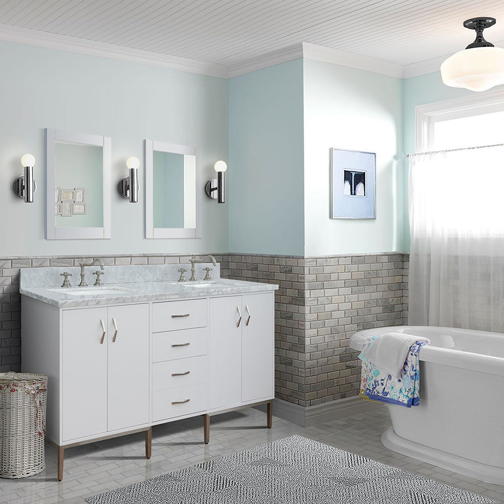 61" Double sink vanity in White finish with White Carrara marble and rectangle sink