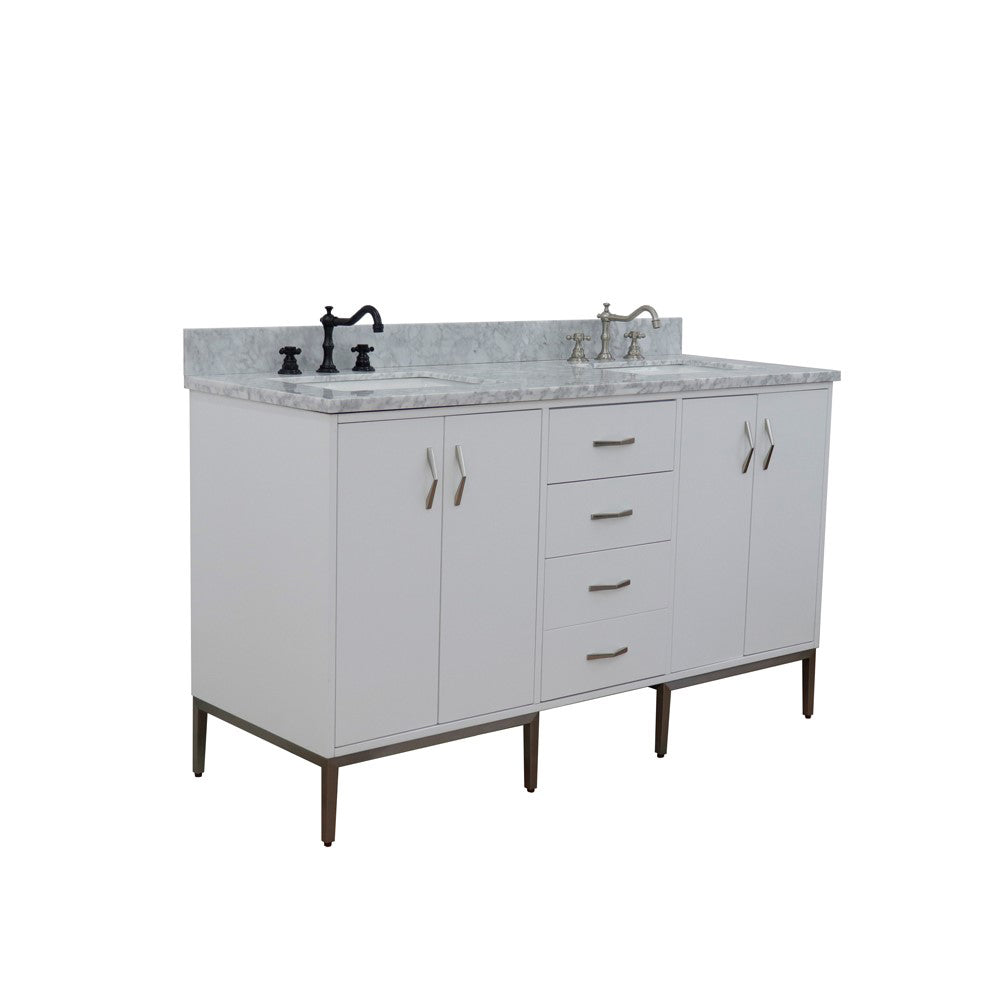 61" Double sink vanity in White finish with White Carrara marble and rectangle sink