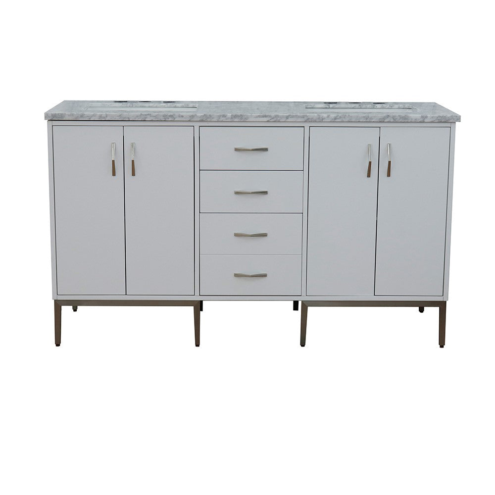 61" Double sink vanity in White finish with White Carrara marble and rectangle sink