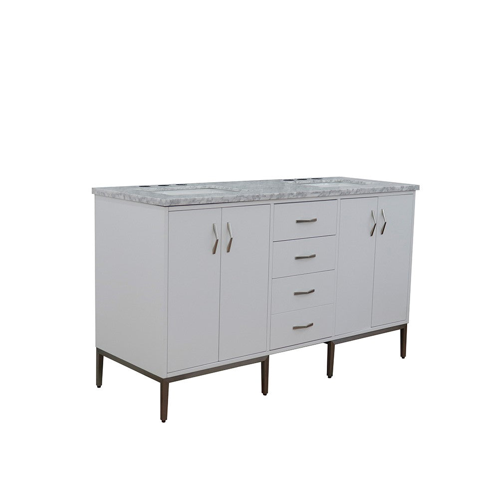 61" Double sink vanity in White finish with White Carrara marble and rectangle sink
