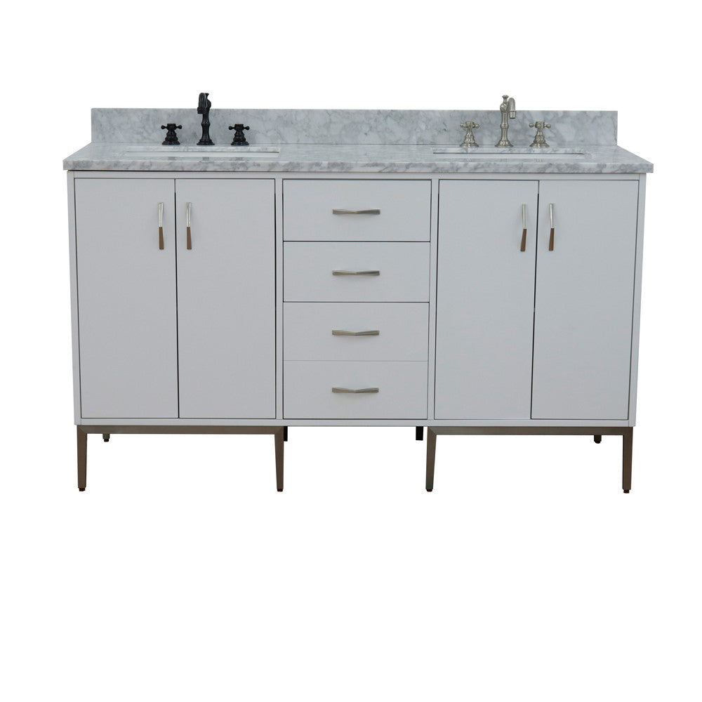 61" Double sink vanity in White finish with White Carrara marble and rectangle sink