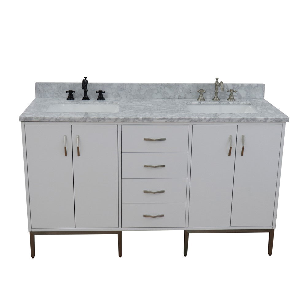 61" Double sink vanity in White finish with White Carrara marble and rectangle sink
