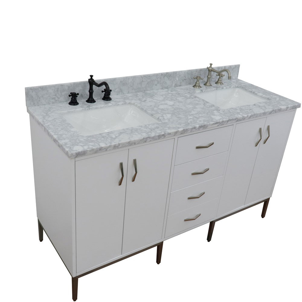 61" Double sink vanity in White finish with White Carrara marble and rectangle sink