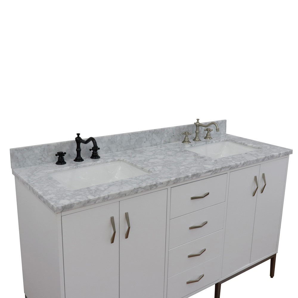 61" Double sink vanity in White finish with White Carrara marble and rectangle sink