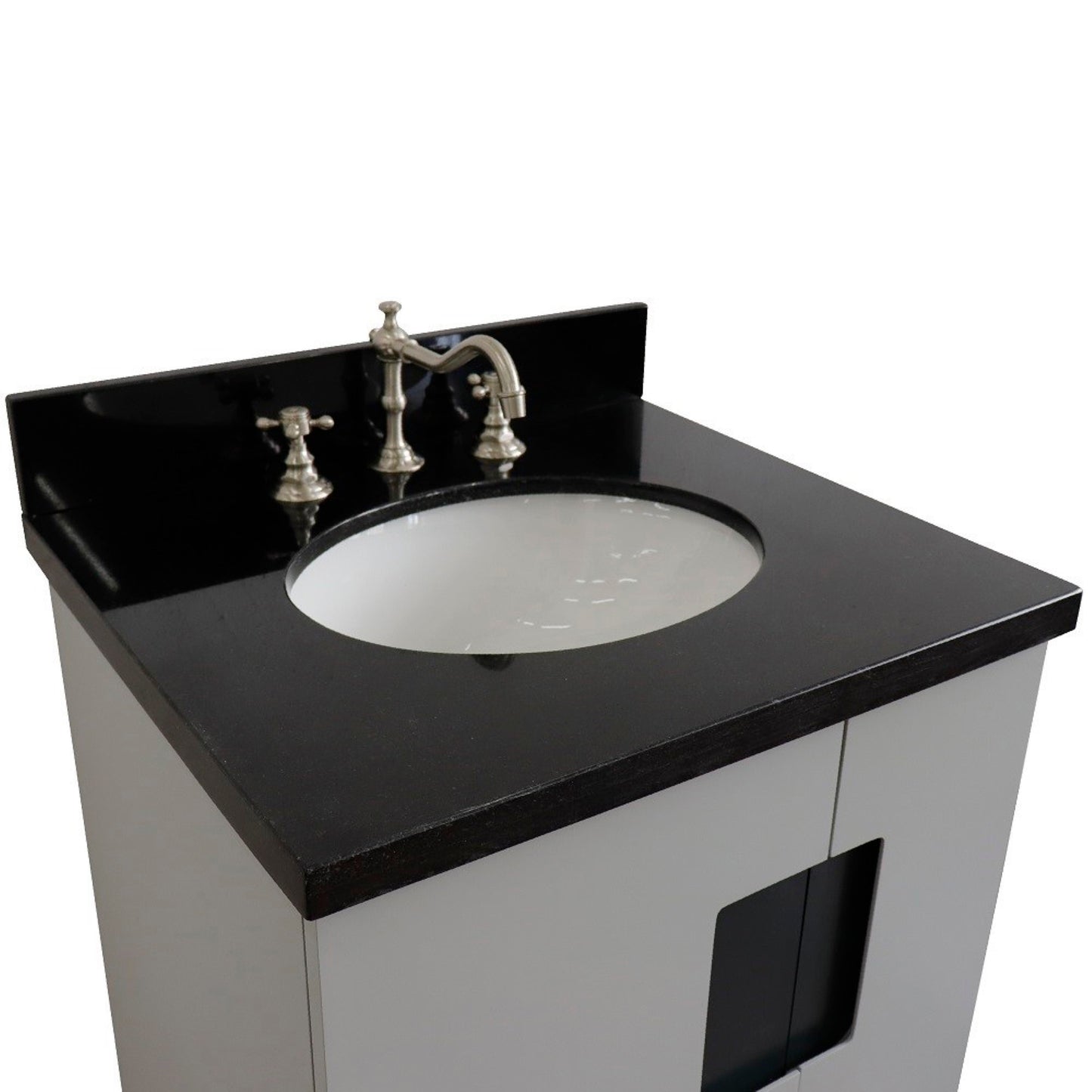 25" Single sink vanity in Light Gray finish with Black galaxy granite and oval sink