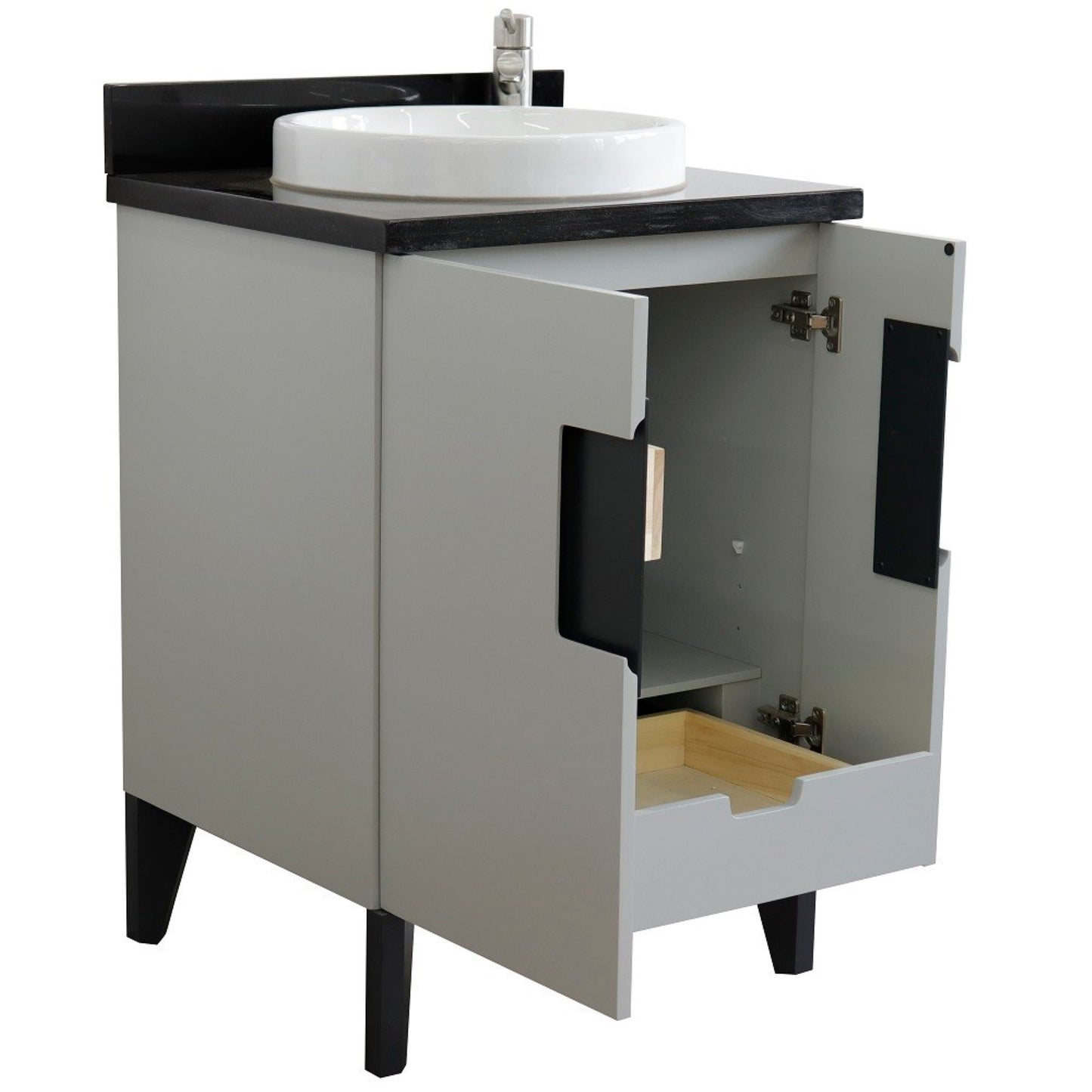 25" Single sink vanity in Light Gray finish with Black galaxy granite and round sink