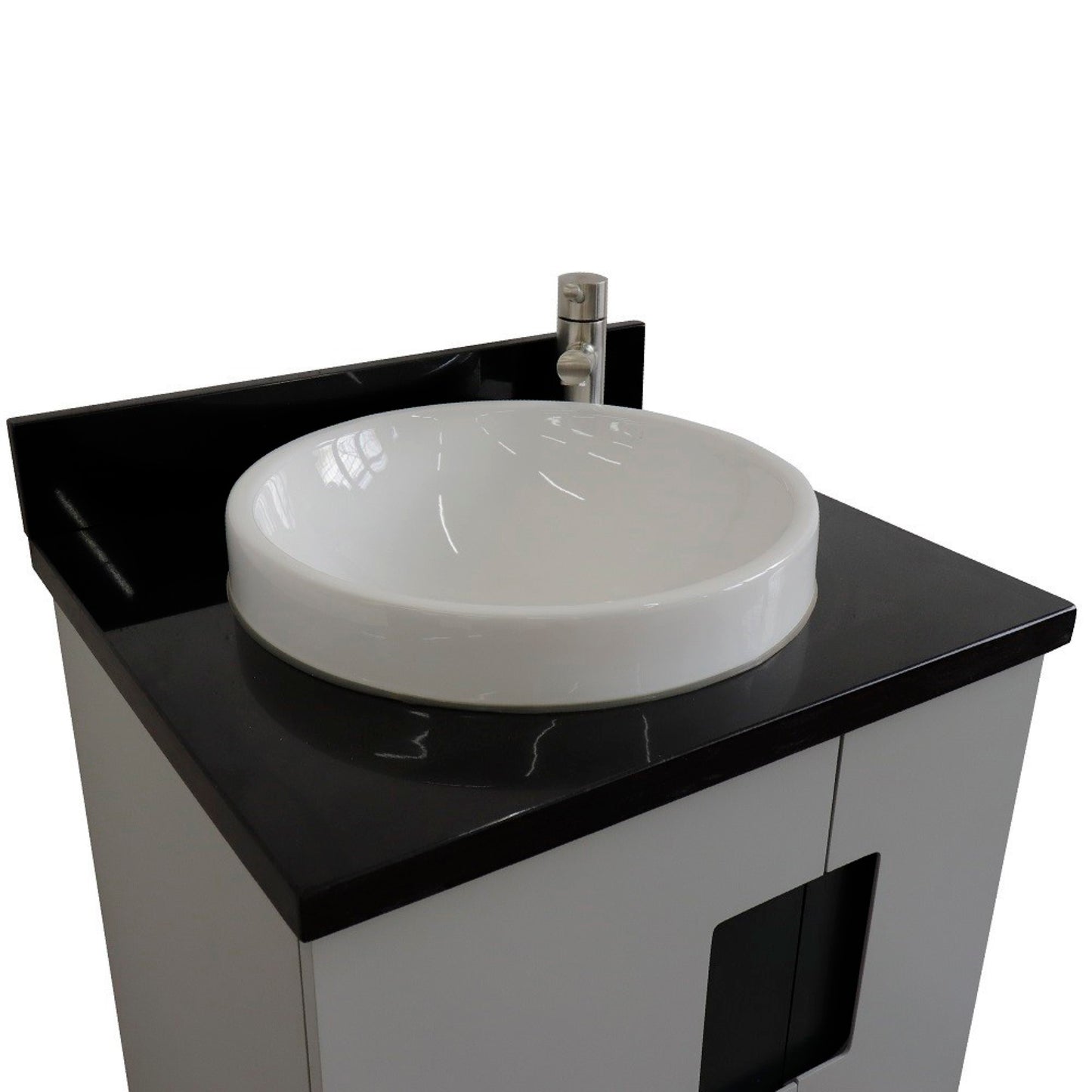 25" Single sink vanity in Light Gray finish with Black galaxy granite and round sink