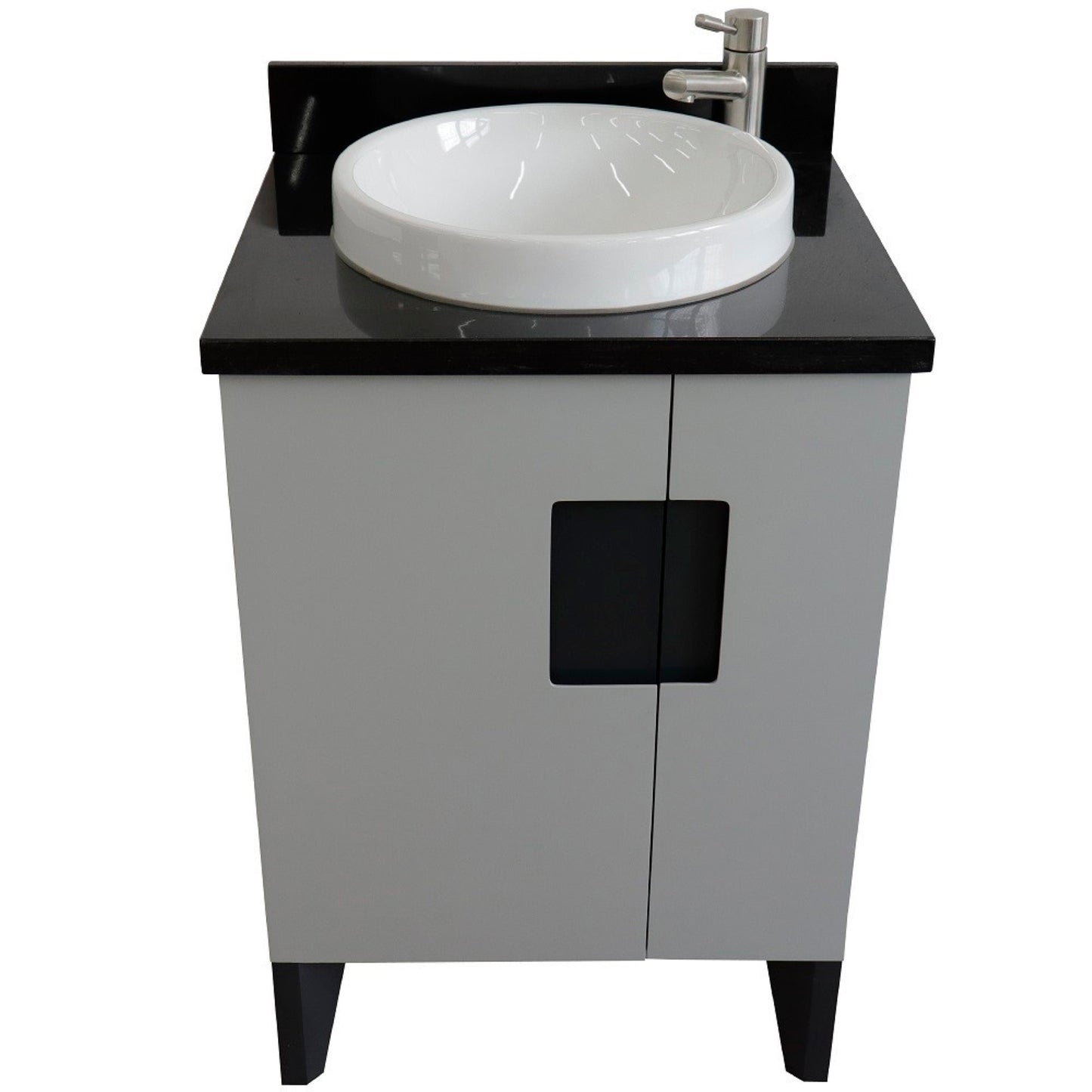 25" Single sink vanity in Light Gray finish with Black galaxy granite and round sink