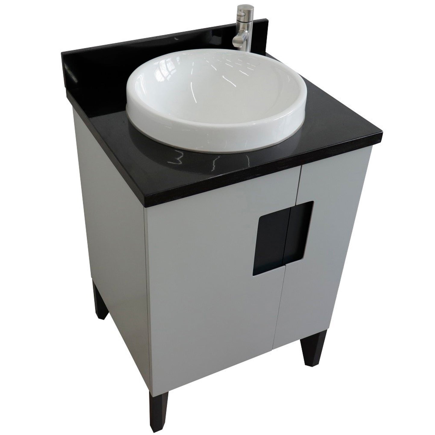 25" Single sink vanity in Light Gray finish with Black galaxy granite and round sink