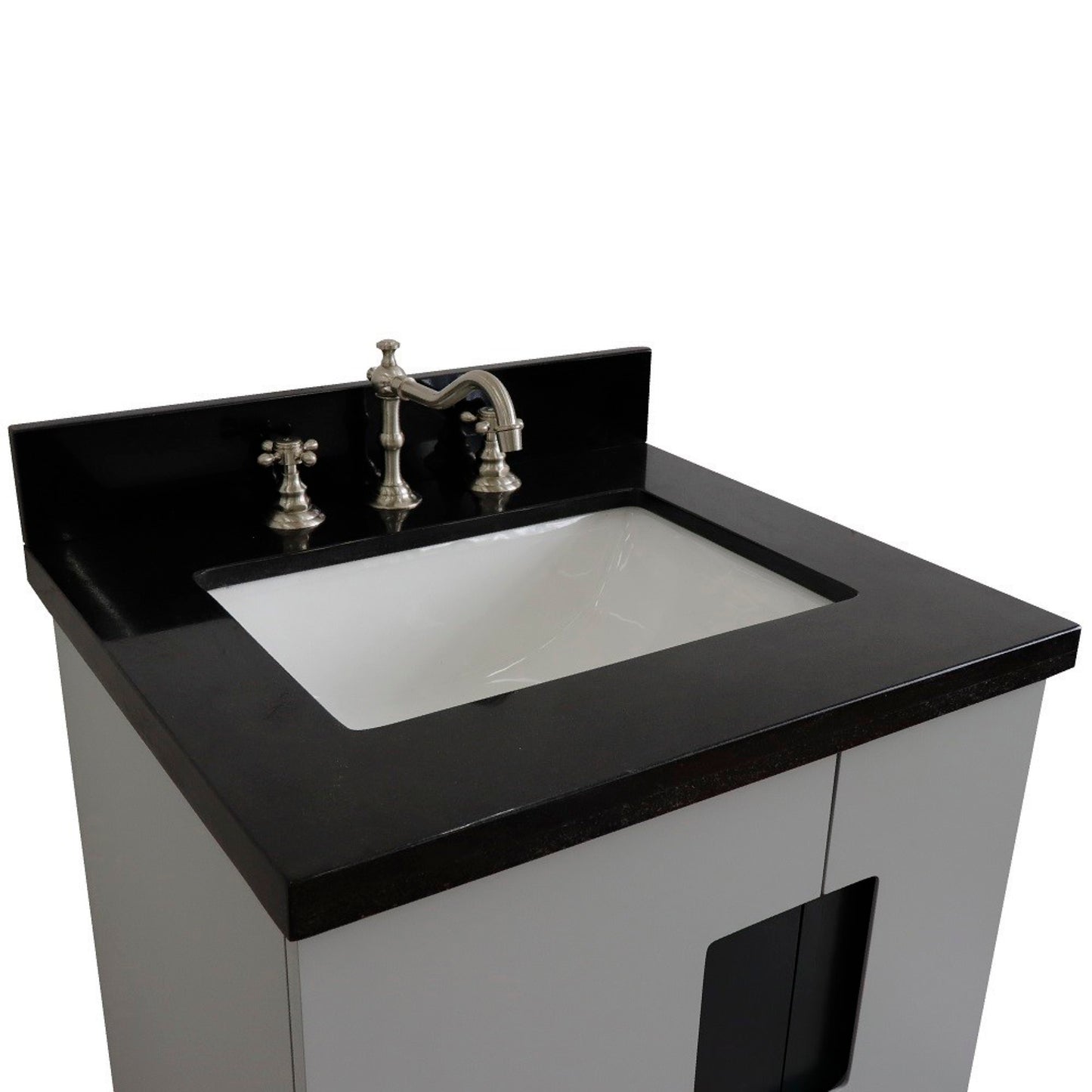 25" Single sink vanity in Light Gray finish with Black galaxy granite and rectangle sink