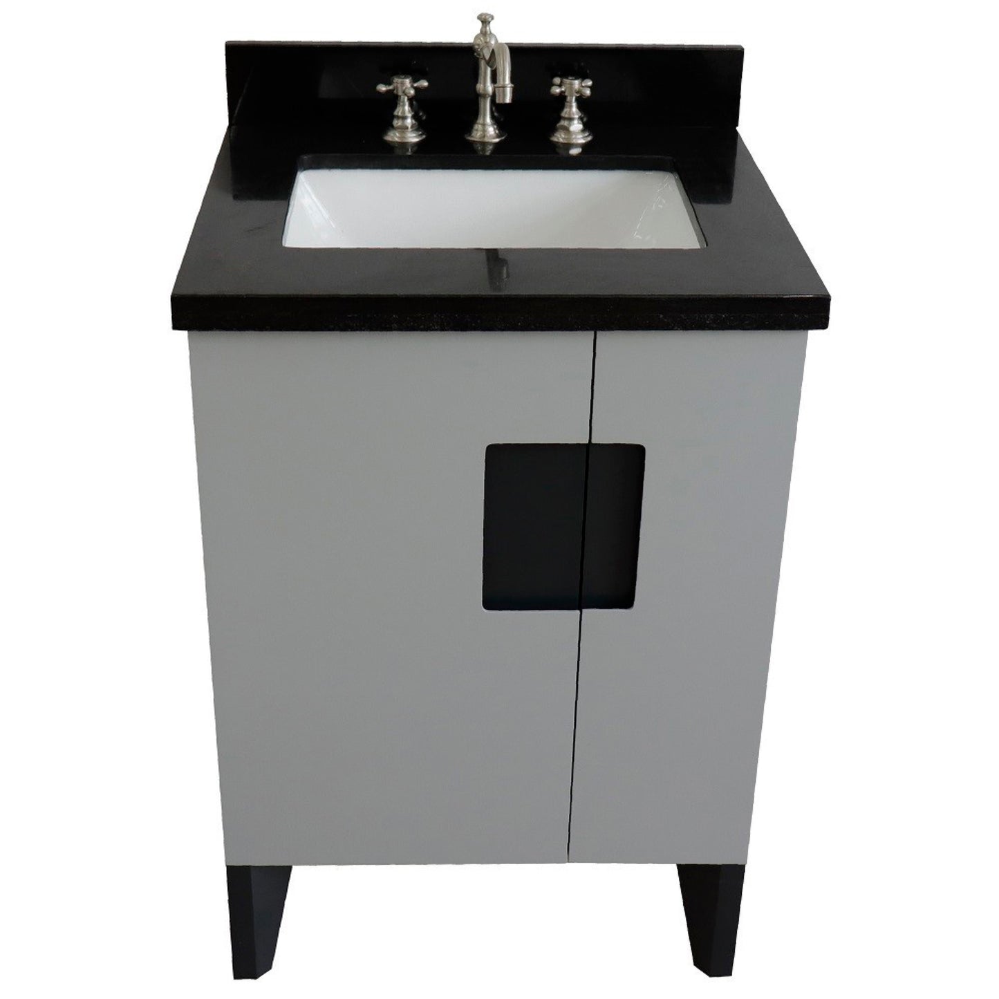 25" Single sink vanity in Light Gray finish with Black galaxy granite and rectangle sink