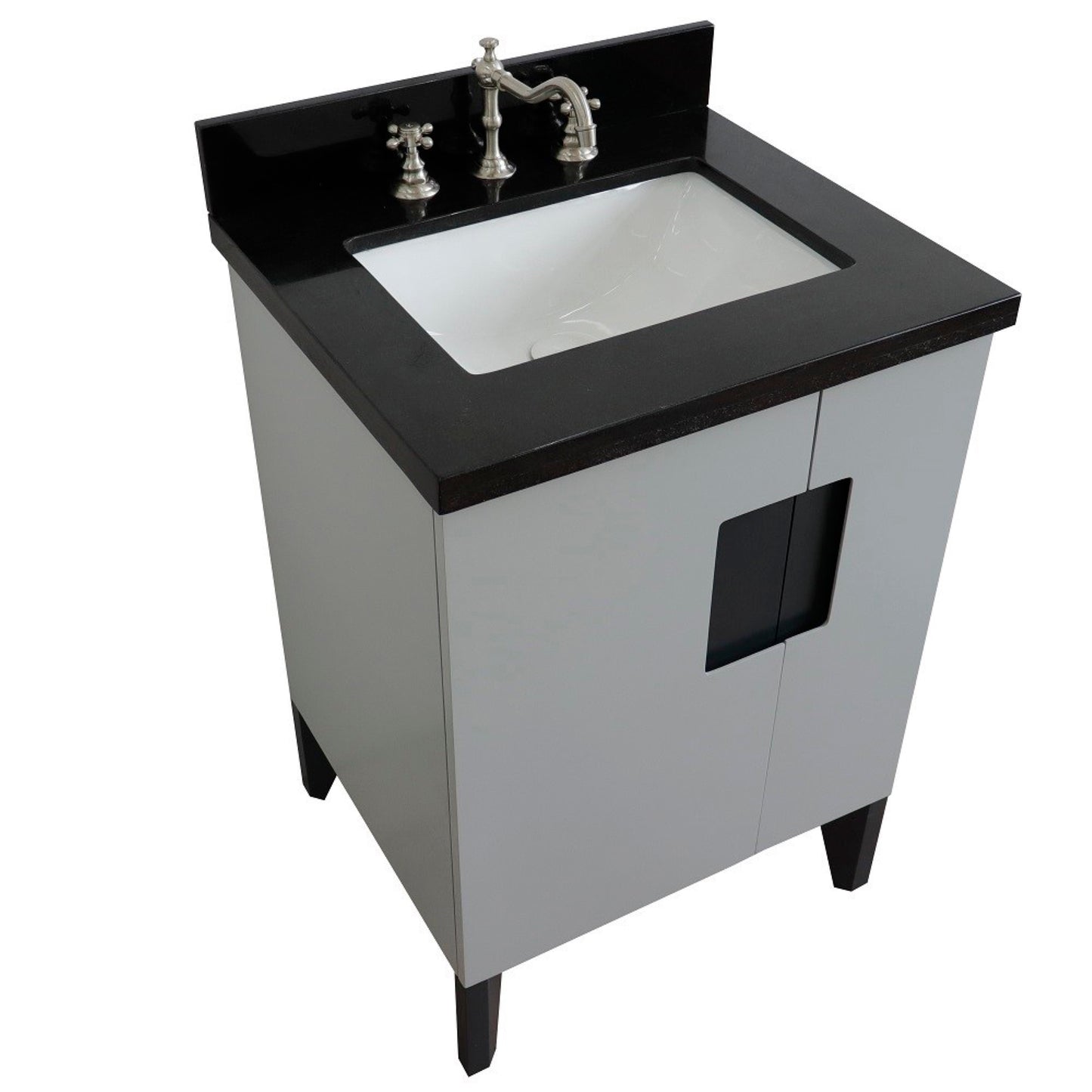 25" Single sink vanity in Light Gray finish with Black galaxy granite and rectangle sink