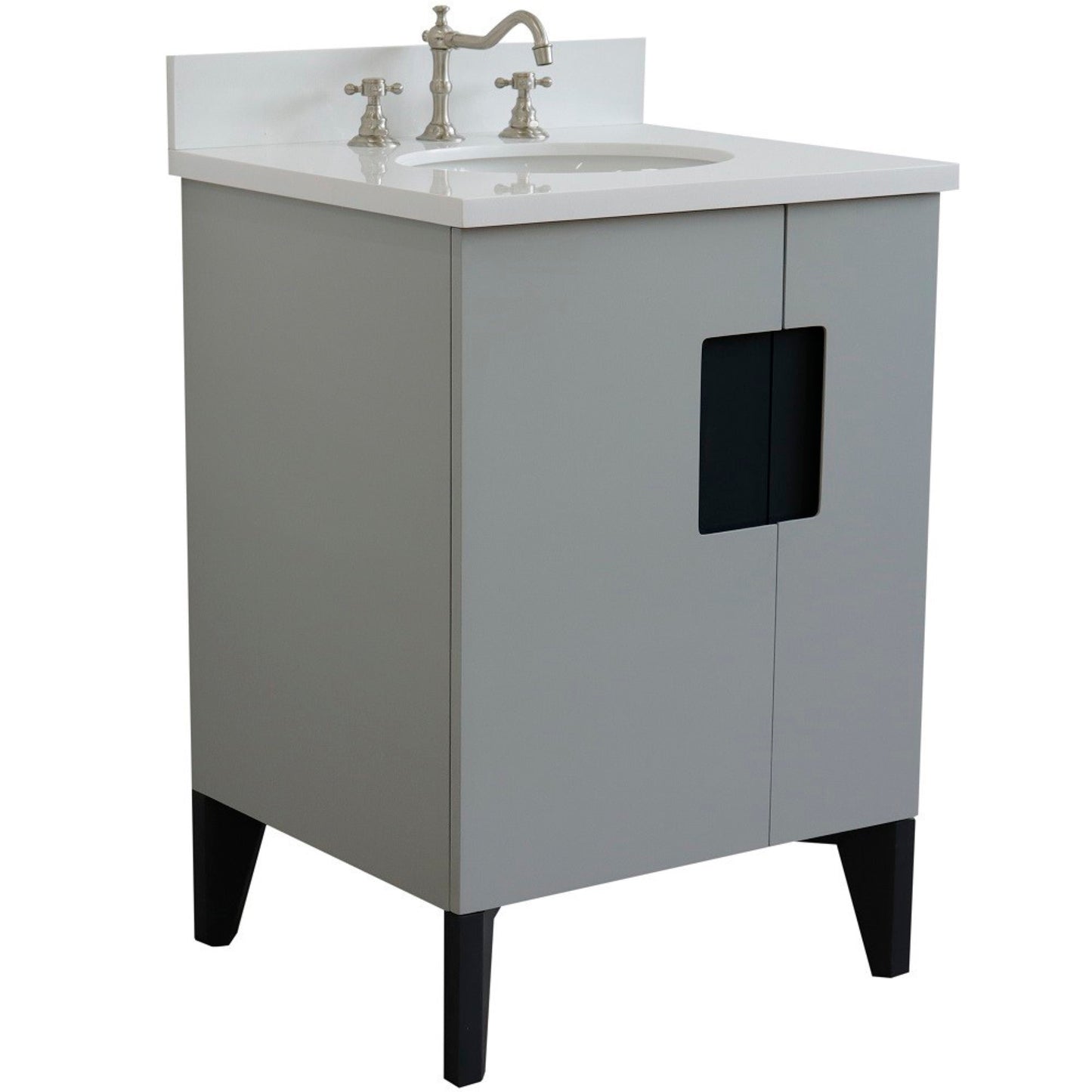 25" Single sink vanity in Light Gray finish with White engineered stone and oval sink