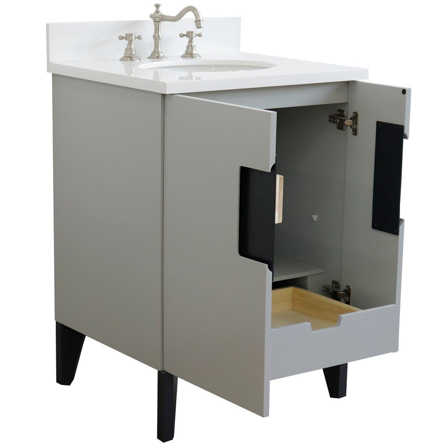 25" Single sink vanity in Light Gray finish with White engineered stone and oval sink