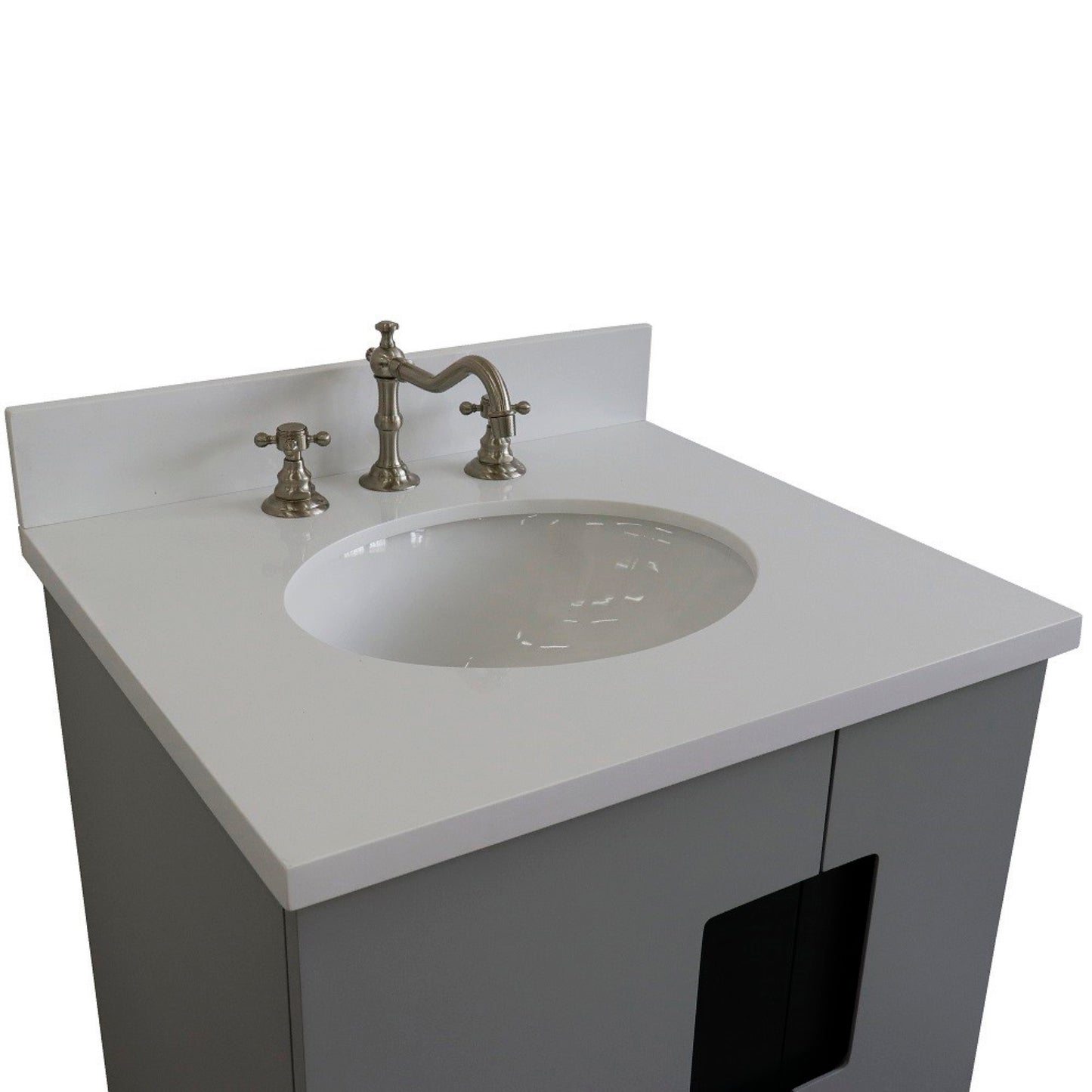 25" Single sink vanity in Light Gray finish with White engineered stone and oval sink