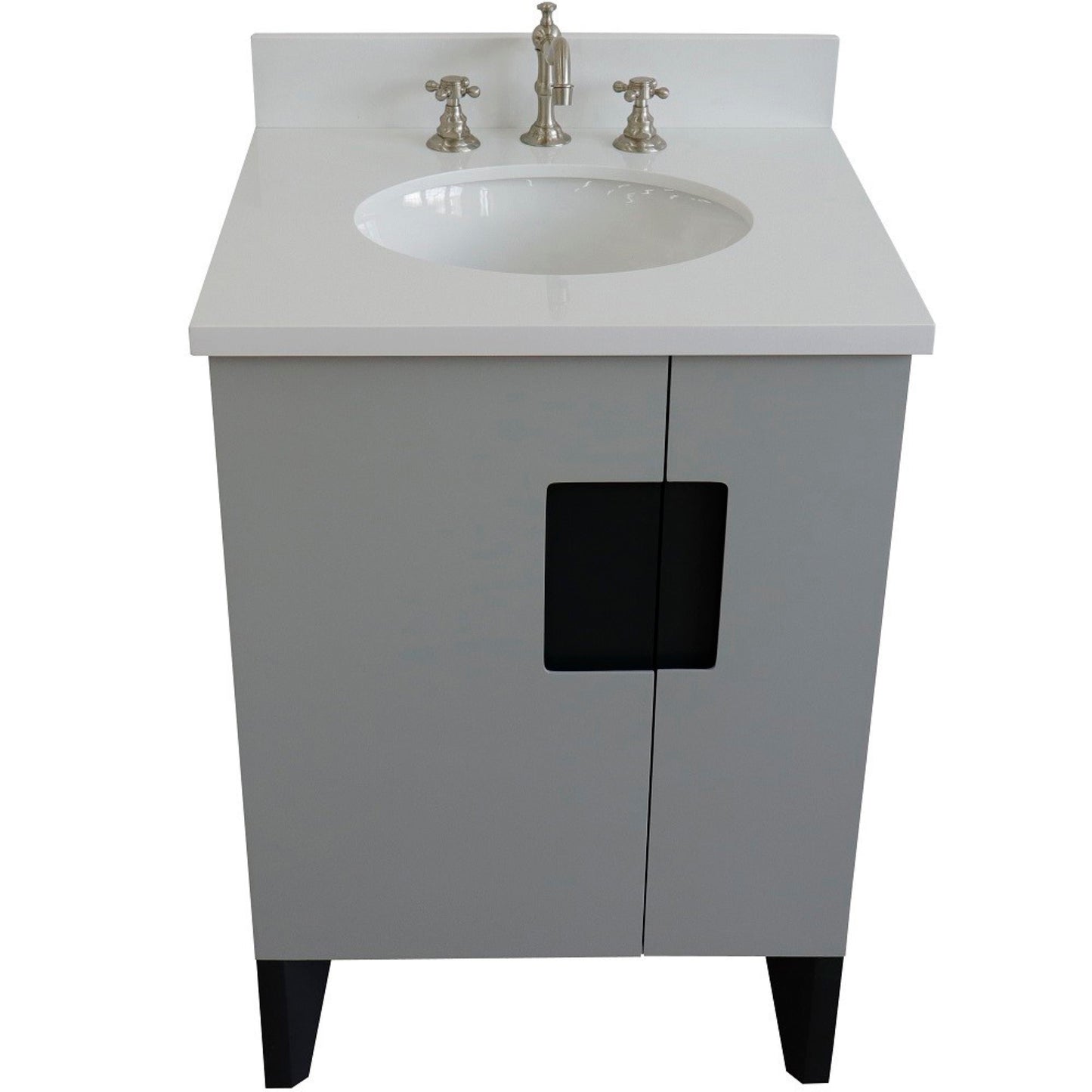 25" Single sink vanity in Light Gray finish with White engineered stone and oval sink