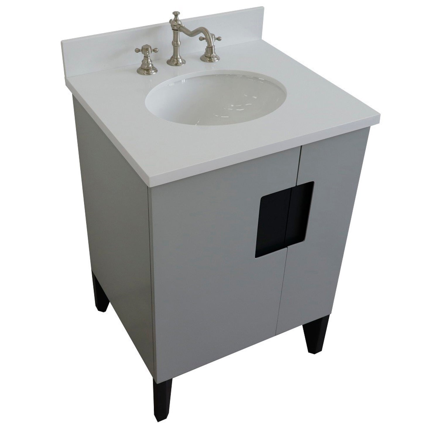 25" Single sink vanity in Light Gray finish with White engineered stone and oval sink