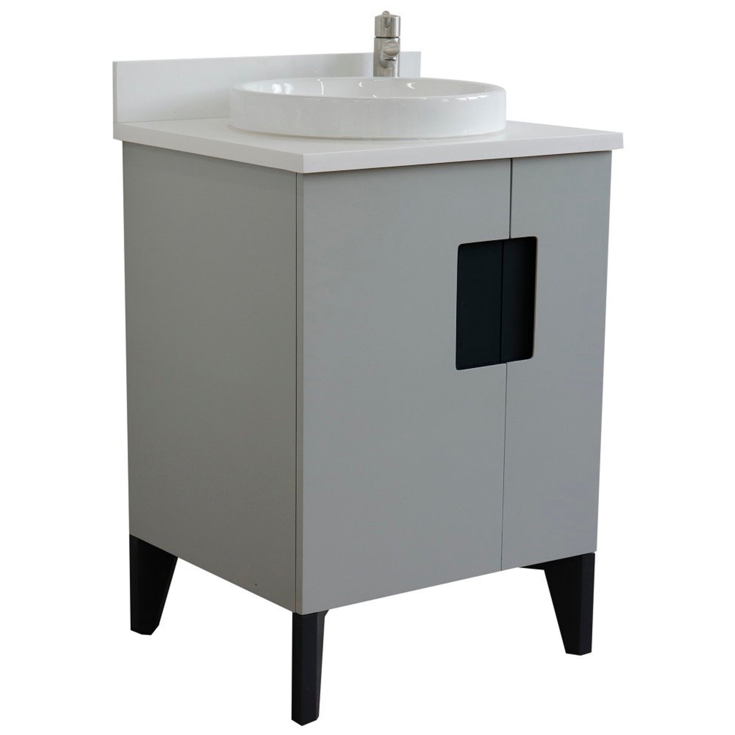 25" Single sink vanity in Light Gray finish with White engineered stone and round sink