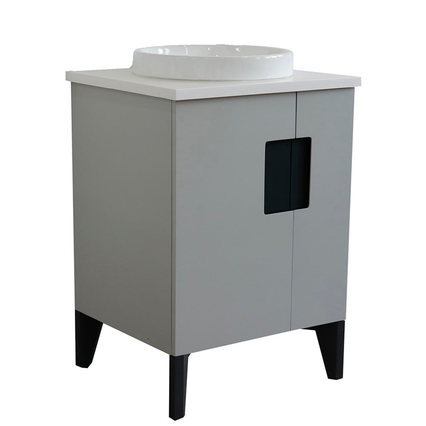25" Single sink vanity in Light Gray finish with White engineered stone and round sink