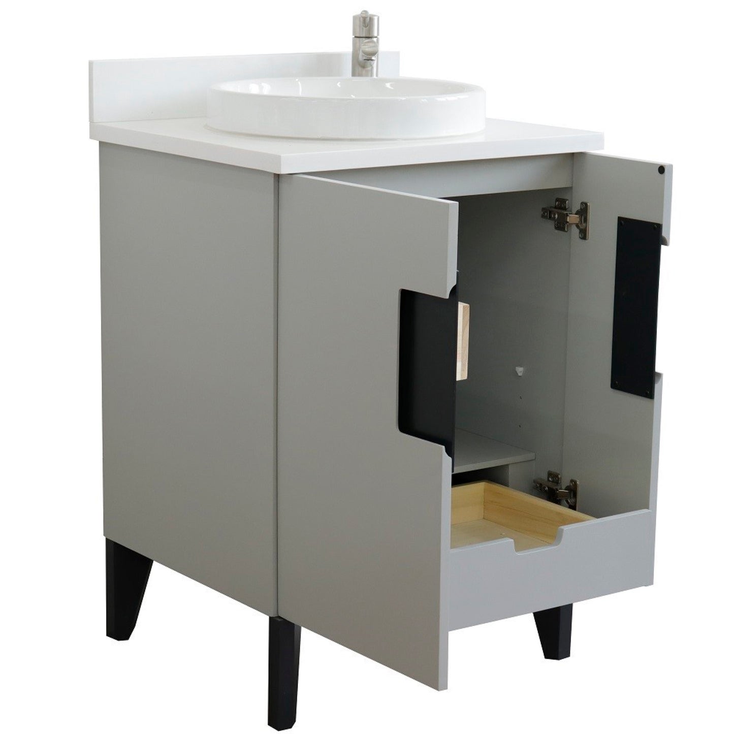 25" Single sink vanity in Light Gray finish with White engineered stone and round sink
