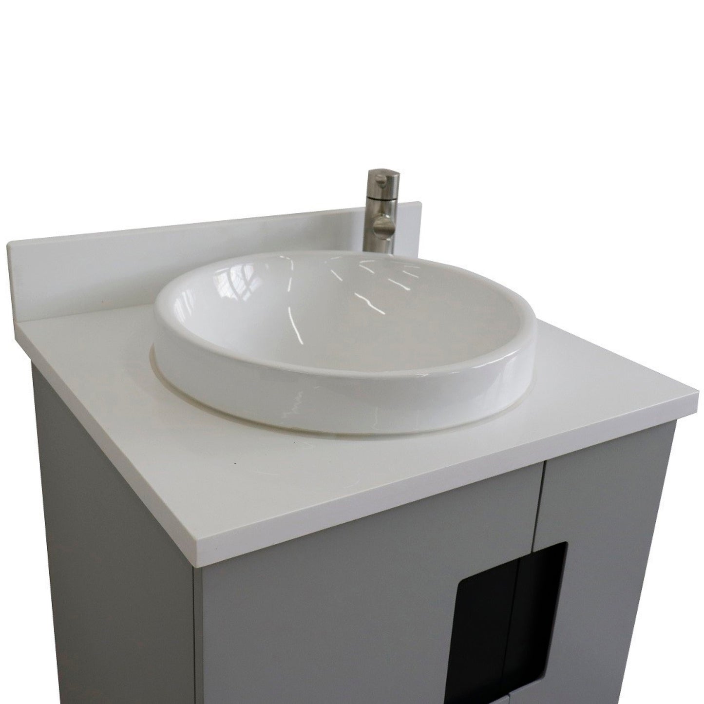 25" Single sink vanity in Light Gray finish with White engineered stone and round sink