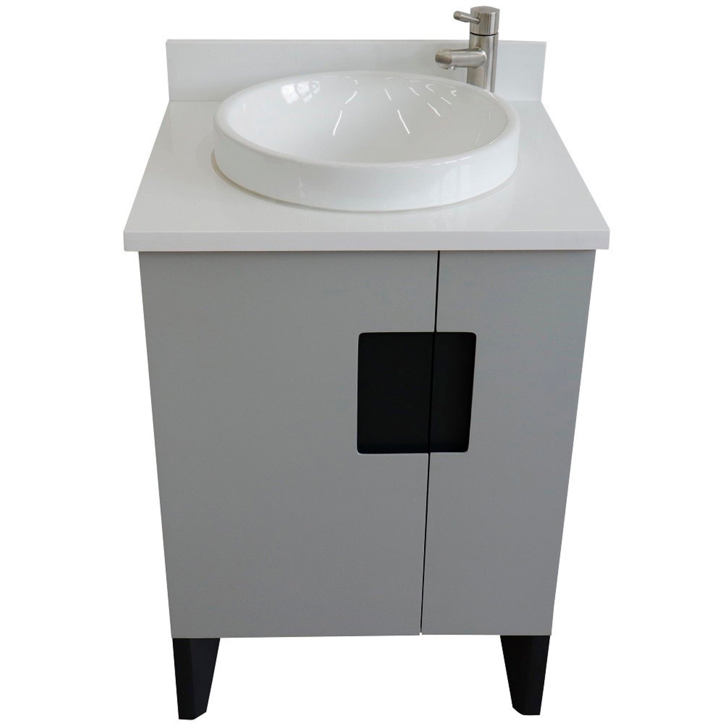 25" Single sink vanity in Light Gray finish with White engineered stone and round sink
